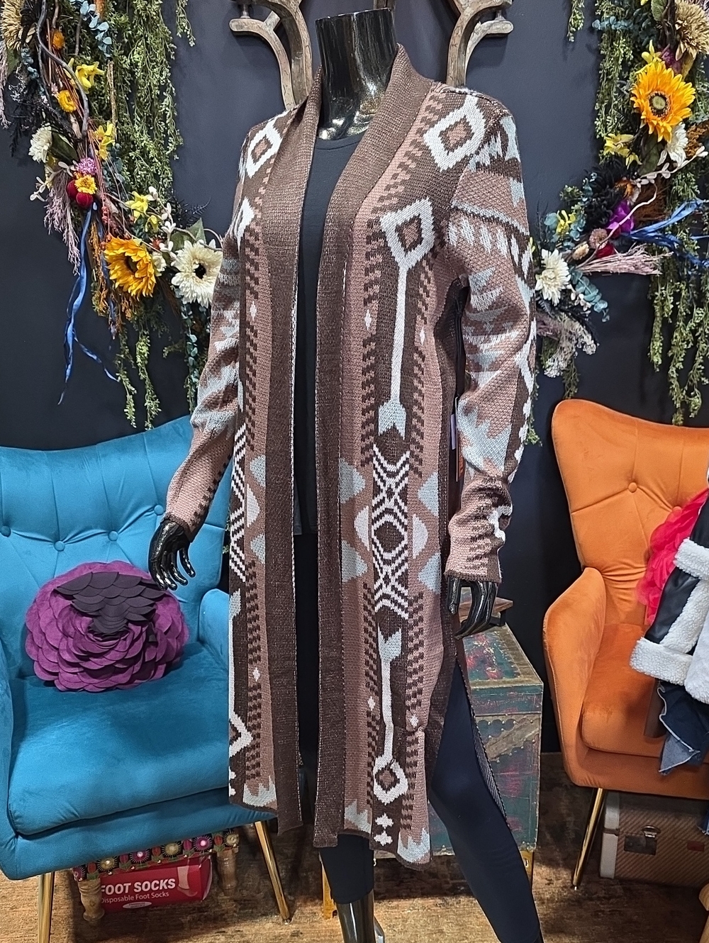 Long Open-Front Geometric Cardigan - Brown & Cream